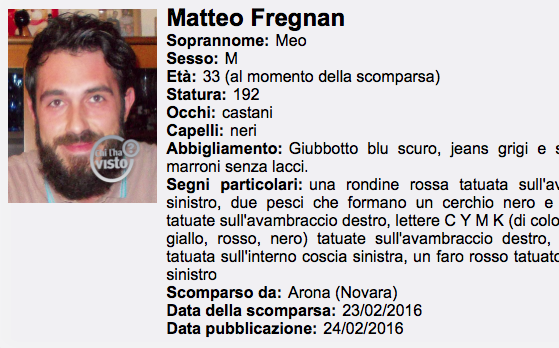 Si cerca Matteo Fregnan, 33 anni, scomparso da Arona