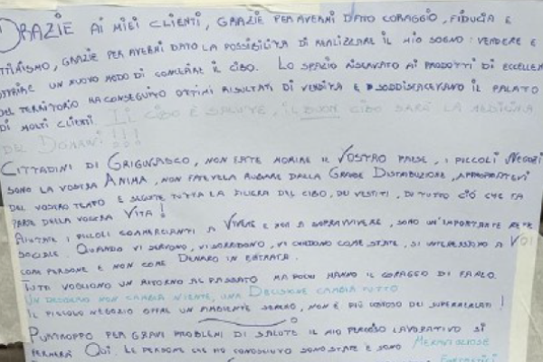 Chiude bottega per malattia, ma lancia un appello