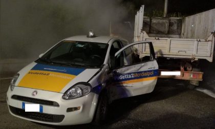 Auto Mondialpol contro camion che prende fuoco