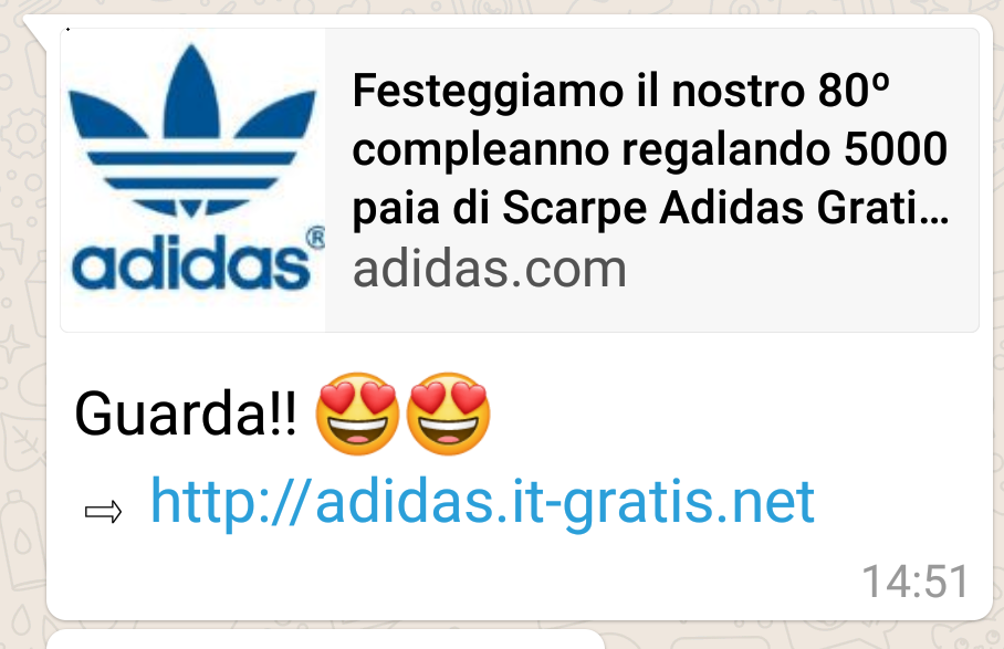 Truffe online Whatsapp: bufala dei messaggi per regali di scarpe Adidas