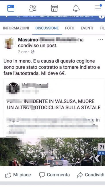 Muore motociclista | Commento shock sui social