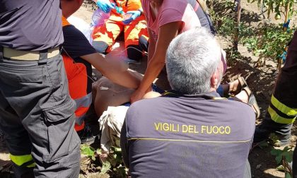 Gambe incastrate mentre taglia il prato