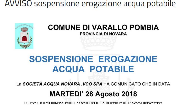 Erogazione sospesa per l’acqua potabile a Varallo martedì 28