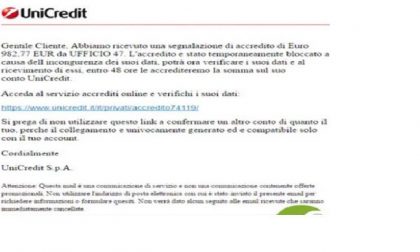 Truffe online attenzione alla finta e-mail di Unicredit