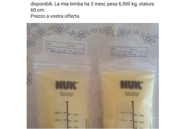 “Vendo latte materno mio, congelato, a 1 euro al litro”