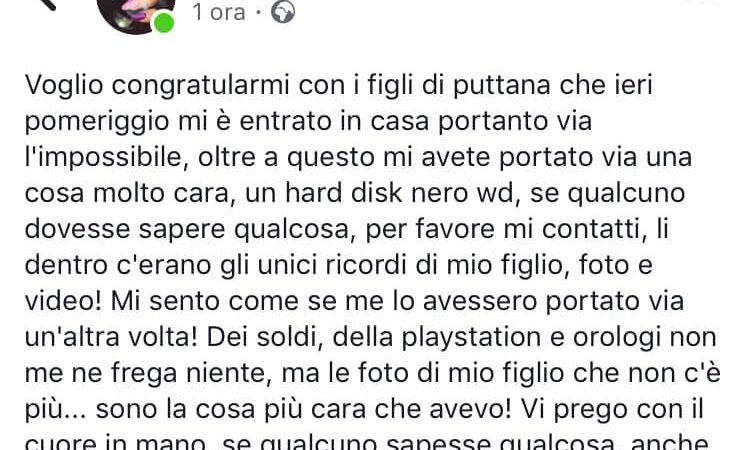 Ridatemi i ricordi di mio figlio: appello ai ladri