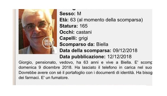 A Chi l’ha Visto appello per ritrovare il biellese Giorgio Montin