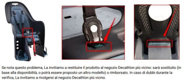 Decathlon richiama seggiolino portabebè posteriore per biciclette. Rischio lesioni