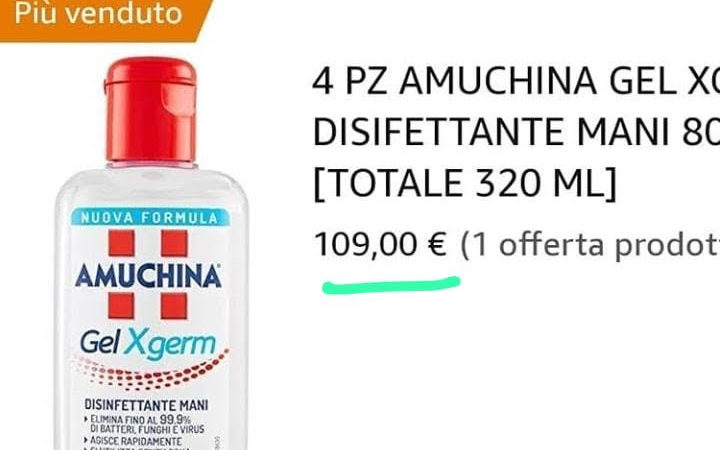 Coronavirus, l’Amuchina venduta a prezzi folli: raggiunti i 109 euro