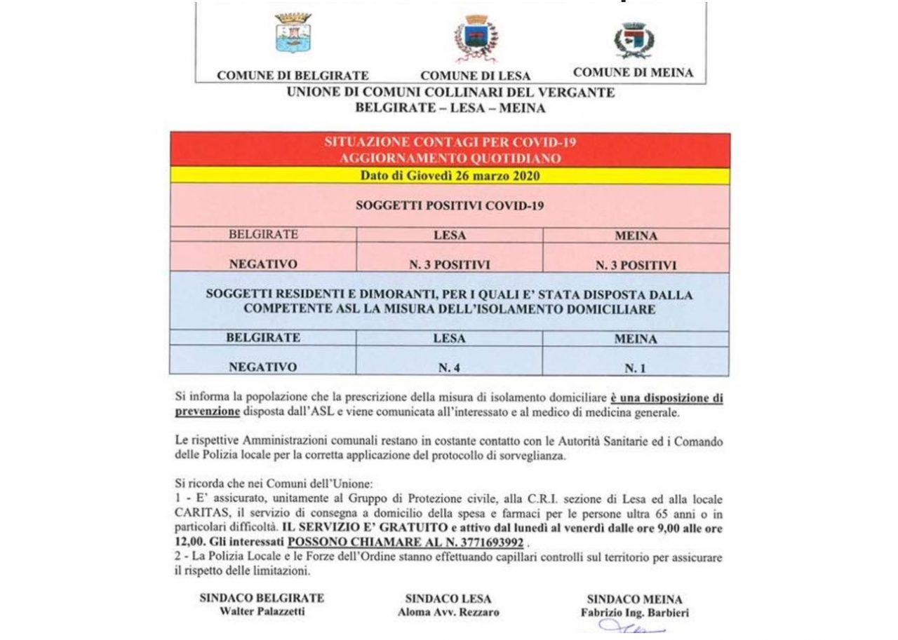Coronavirus tre positivi a Lesa e tre a Meina