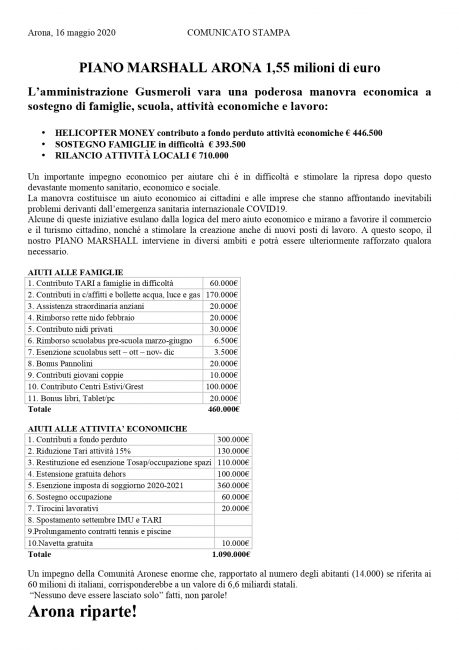 Il comunicato stampa dell'amministrazione aronese con il quale si annuncia il piano di ripartenza