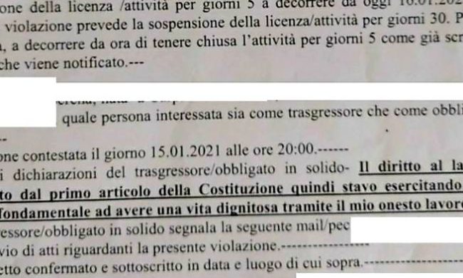 #ioapro1501, il verbale del ristoratore multato: “Lavoro garantito dalla Costituzione”