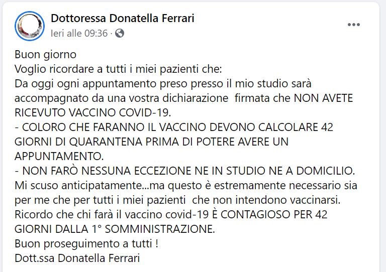 Naturopata novarese shock “Non ricevo chi fa il vaccino: siete contagiosi”