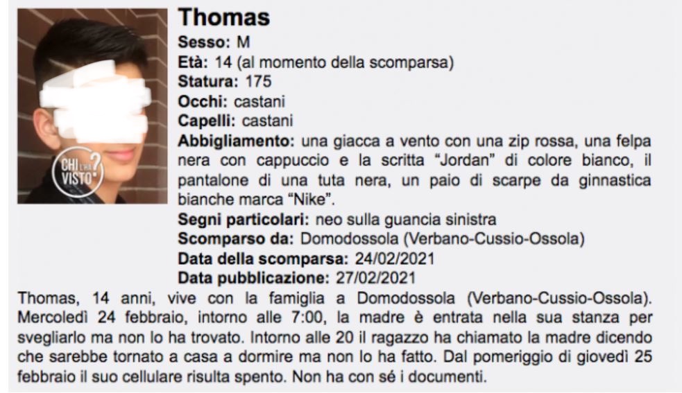 Thomas Infurna, la famiglia: “Trovato a Milano”