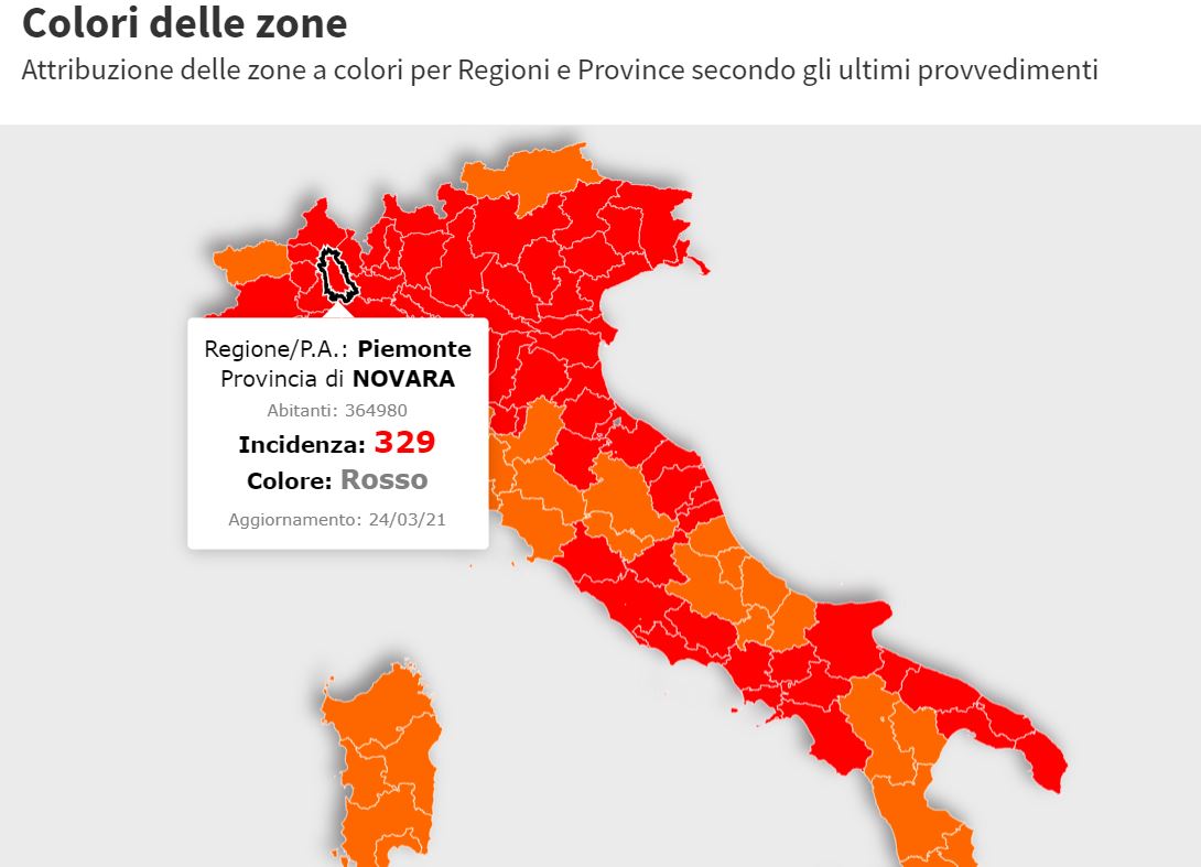 Novarese ancora da zona rossa: 329 positivi su 100mila abitanti