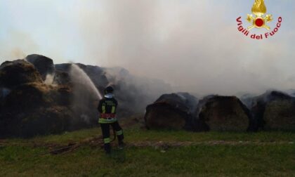 In fiamme rotoballe di fieno a Casalbeltrame