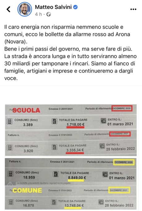Caro energia: Salvini prende come esempio Arona