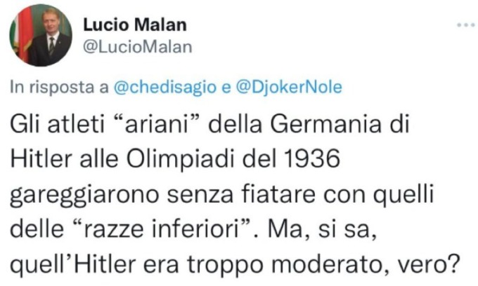 Il senatore Malan (FdI) per difendere Djokovic: “Anche gli atleti ariani gareggiavano con quelli di razza inferiore”