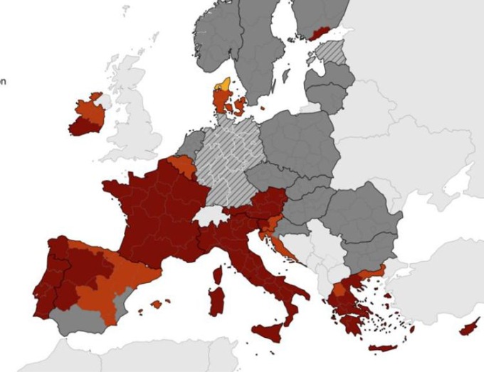 Covid, nella mappa europea dei contagi tutta l’Italia è tornata rosso scuro