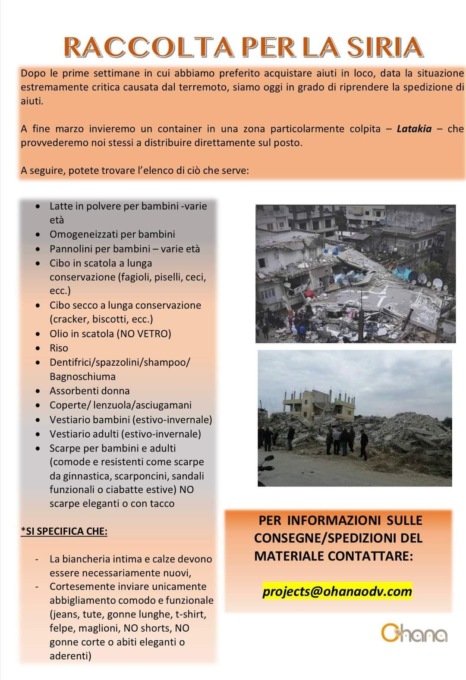 Ohana raccoglie aiuti per la Siria: ecco cosa serve