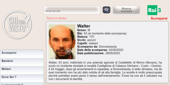 Momese 53enne scomparso da giorni: cresce l’angoscia
