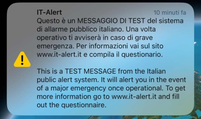 IT-alert: giovedì il test del nuovo sistema di allarme pubblico, tutti riceveranno un sms