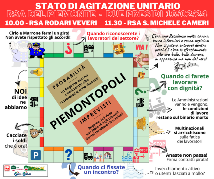 Stato di agitazione unitario Rsa del Piemonte: due presidi venerdì nel novarese