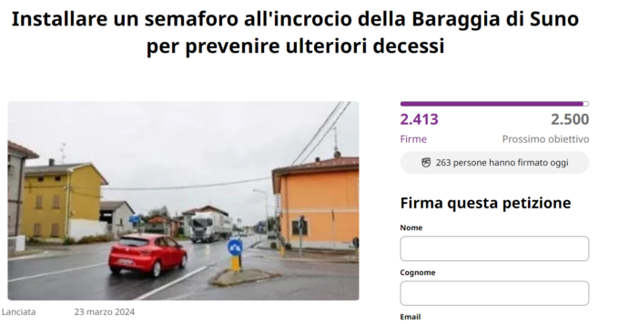 “Installare un semaforo alla Baraggia di Suno”: la petizione online raggiunge 2500 firme