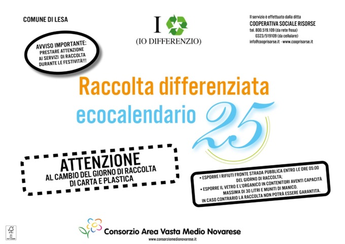 Lesa: cambio dei giorni di raccolta di carta e plastica