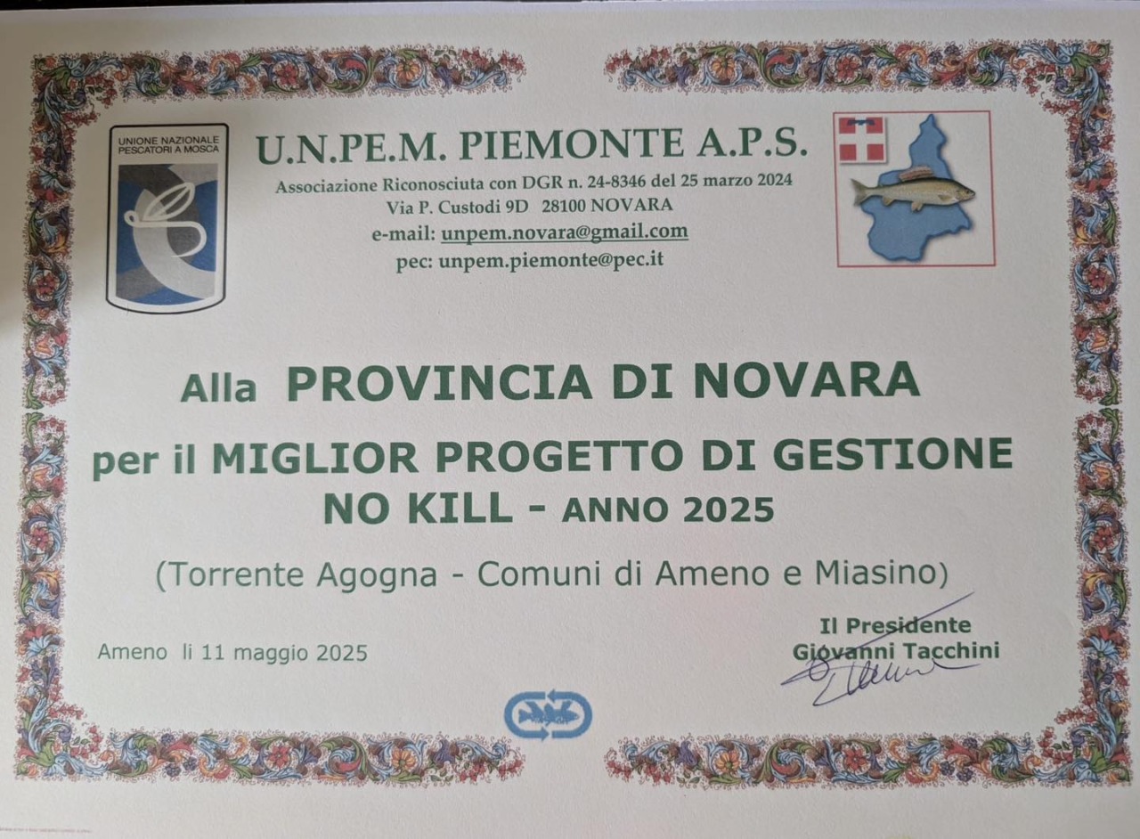 La Provincia di Novara riceve il premio “No Kill” per la gestione del Torrente Agogna