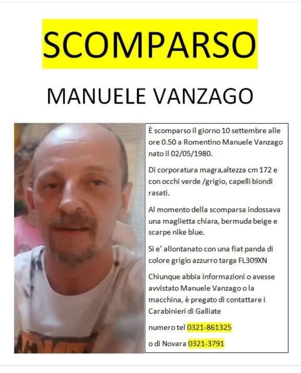 Allarme a Romentino: scomparso il 45enne Manuele Vanzago