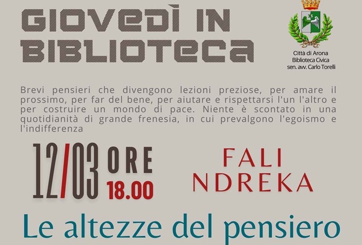 “Le altezze del pensiero” gli aforismi di Fali Ndreka ad Arona