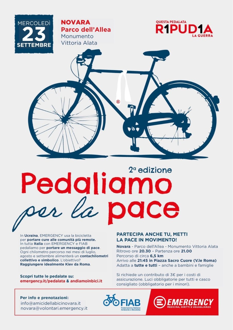 A Novara si pedala per la pace: mercoledì 23 settembre la seconda edizione